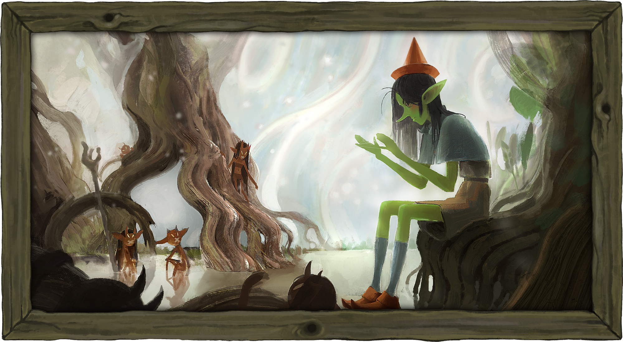 young female goblin with red hat and blue socks is seated on tree stump chair as she looks at the cats cradle in her hands with small imps and wavy tree stumps to her left