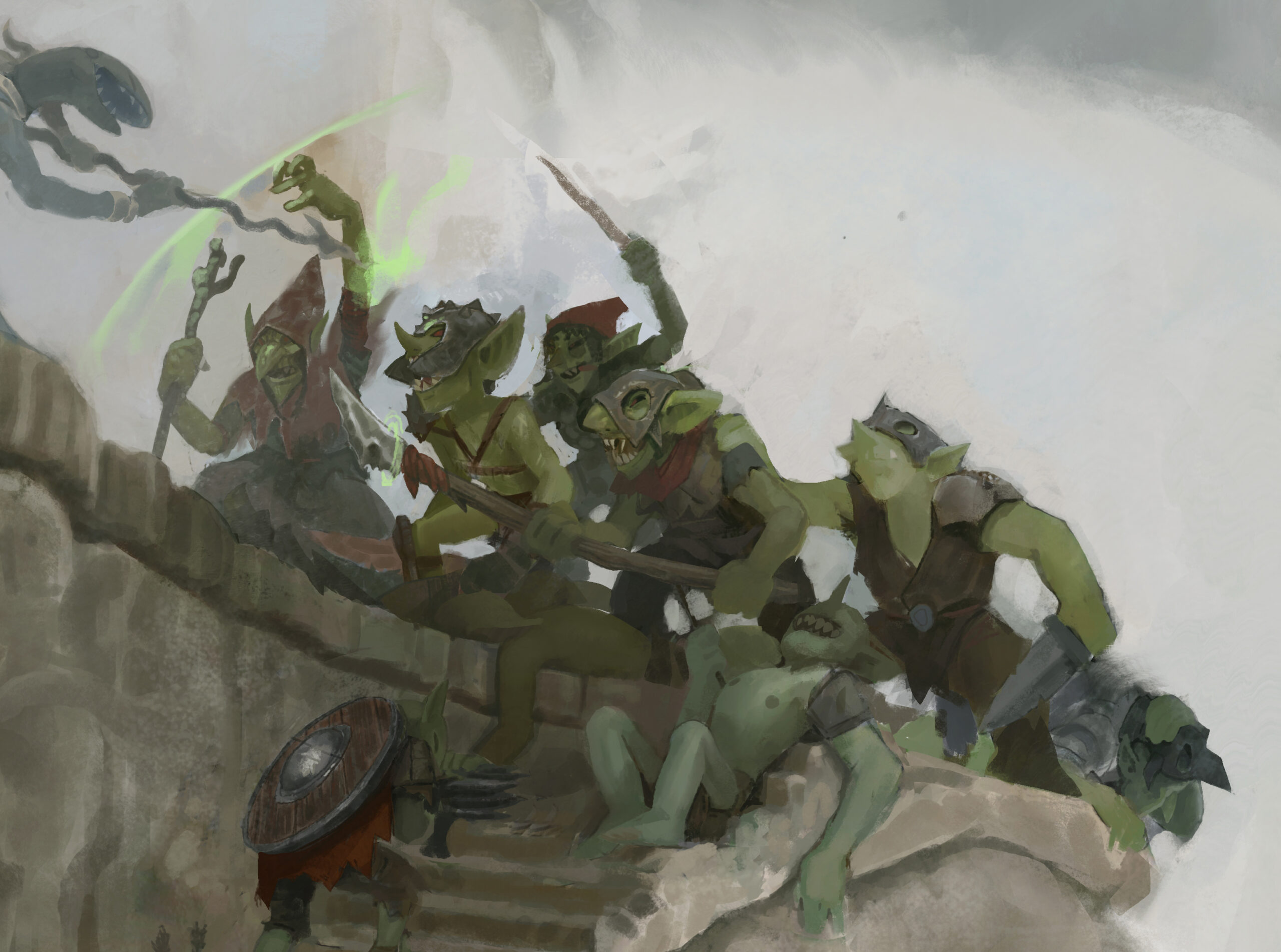 armoured goblins in combat with lizardmen on a cliffside
