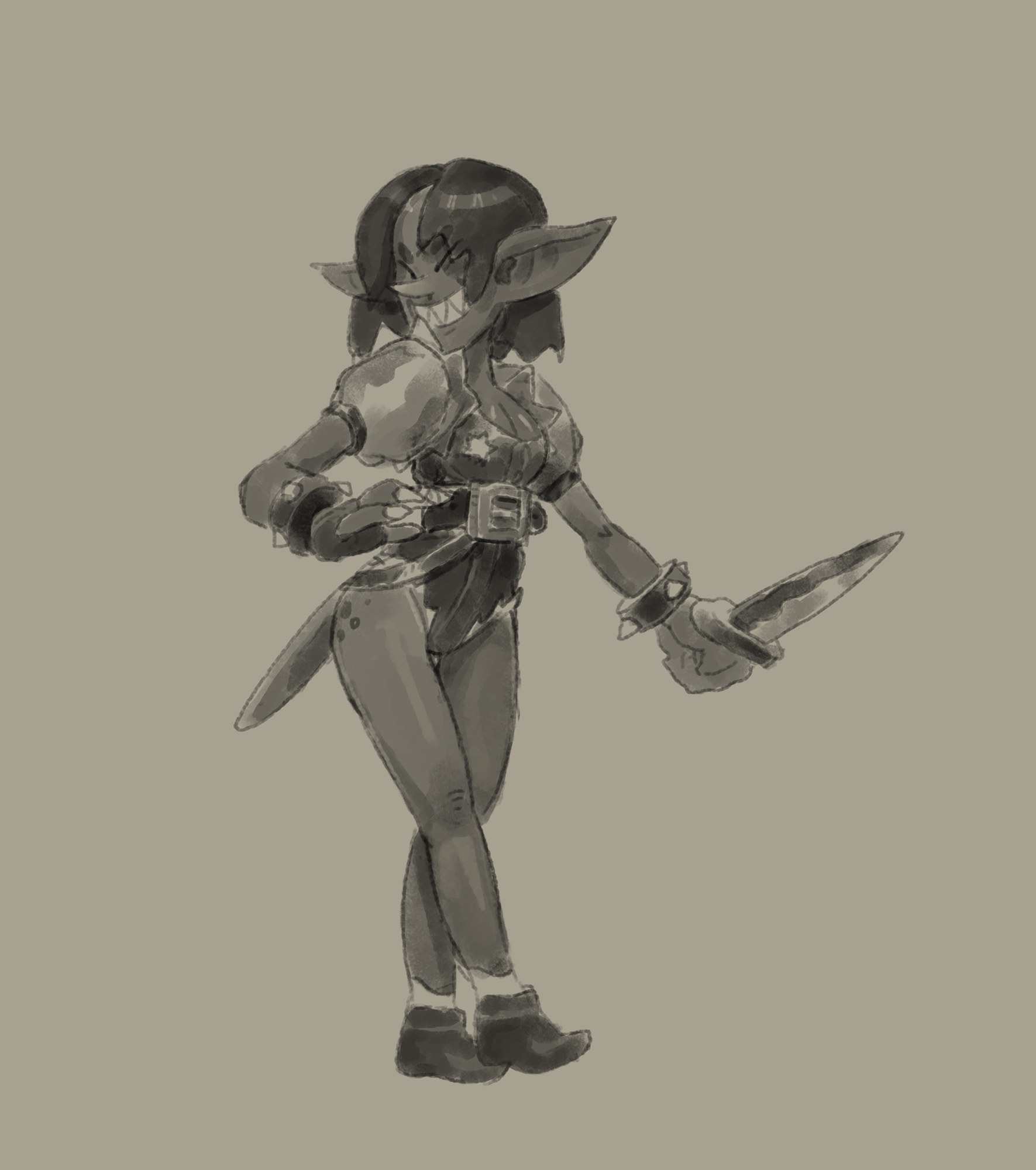 black and white sketch of smiling goblin girl holding dagger