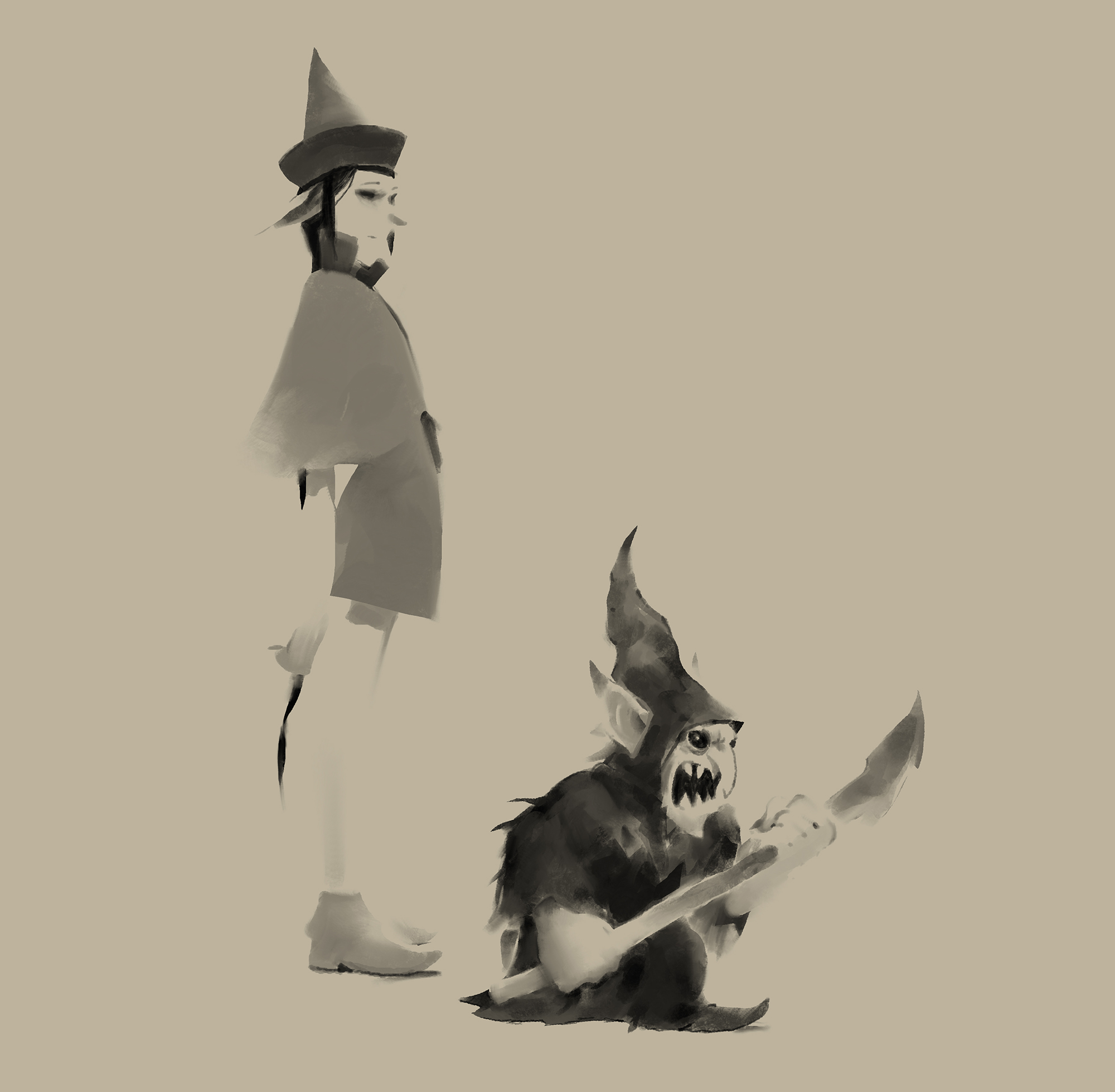 black and white painting of one standing goblin character beside fierce short goblin