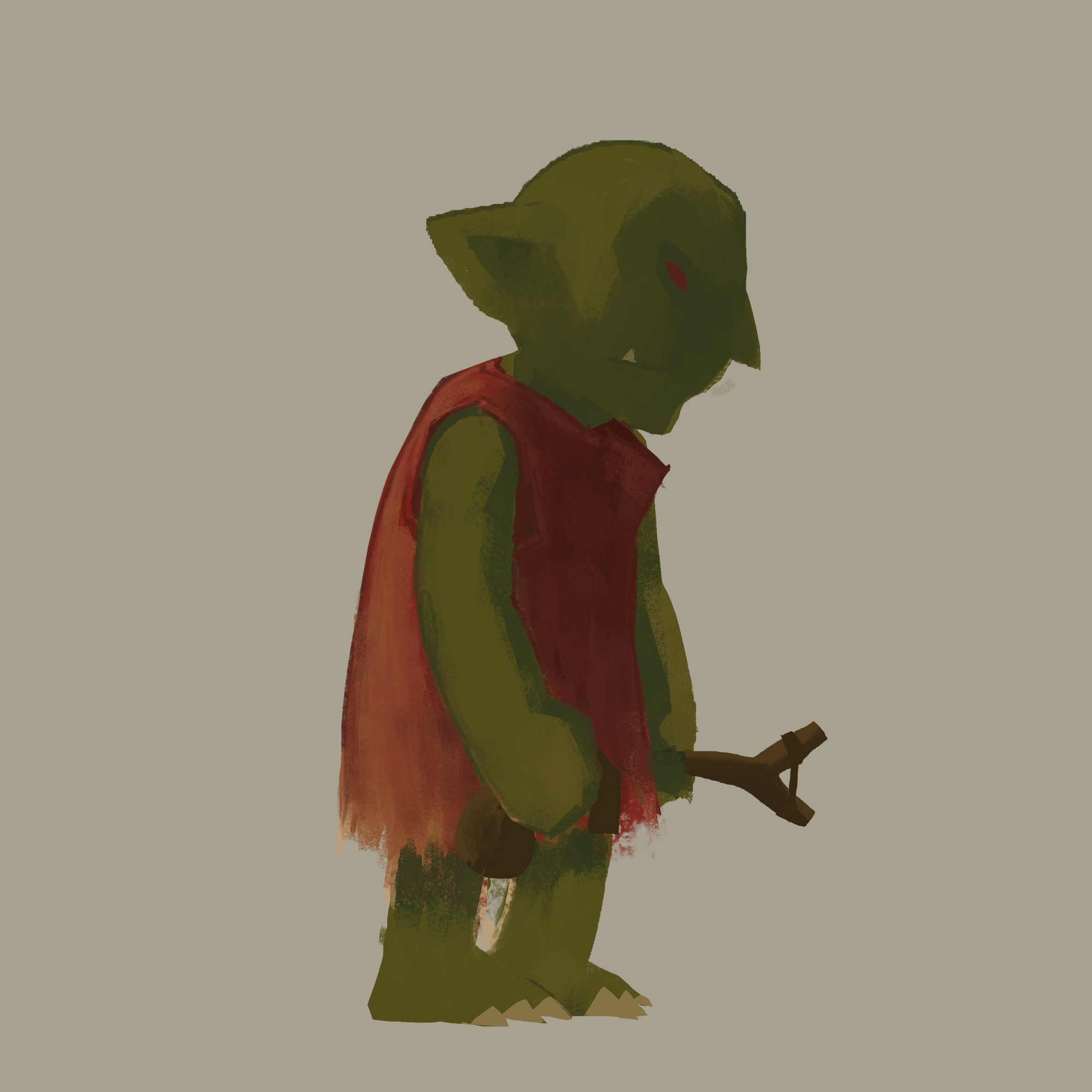 green goblin with red eye and red clothing holding wooden stick