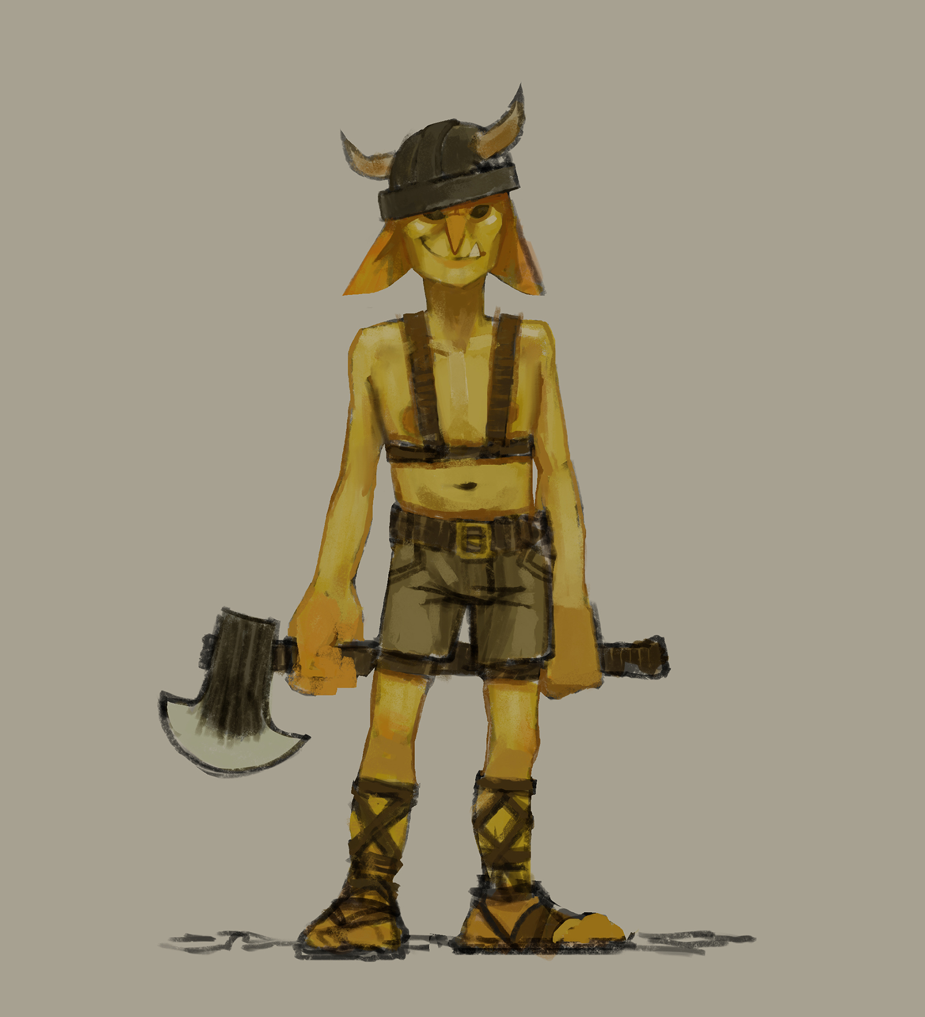 earthy yellow goblin with half grin and viking helmet holding axe with strap top and strapped sandals and buckled shorts