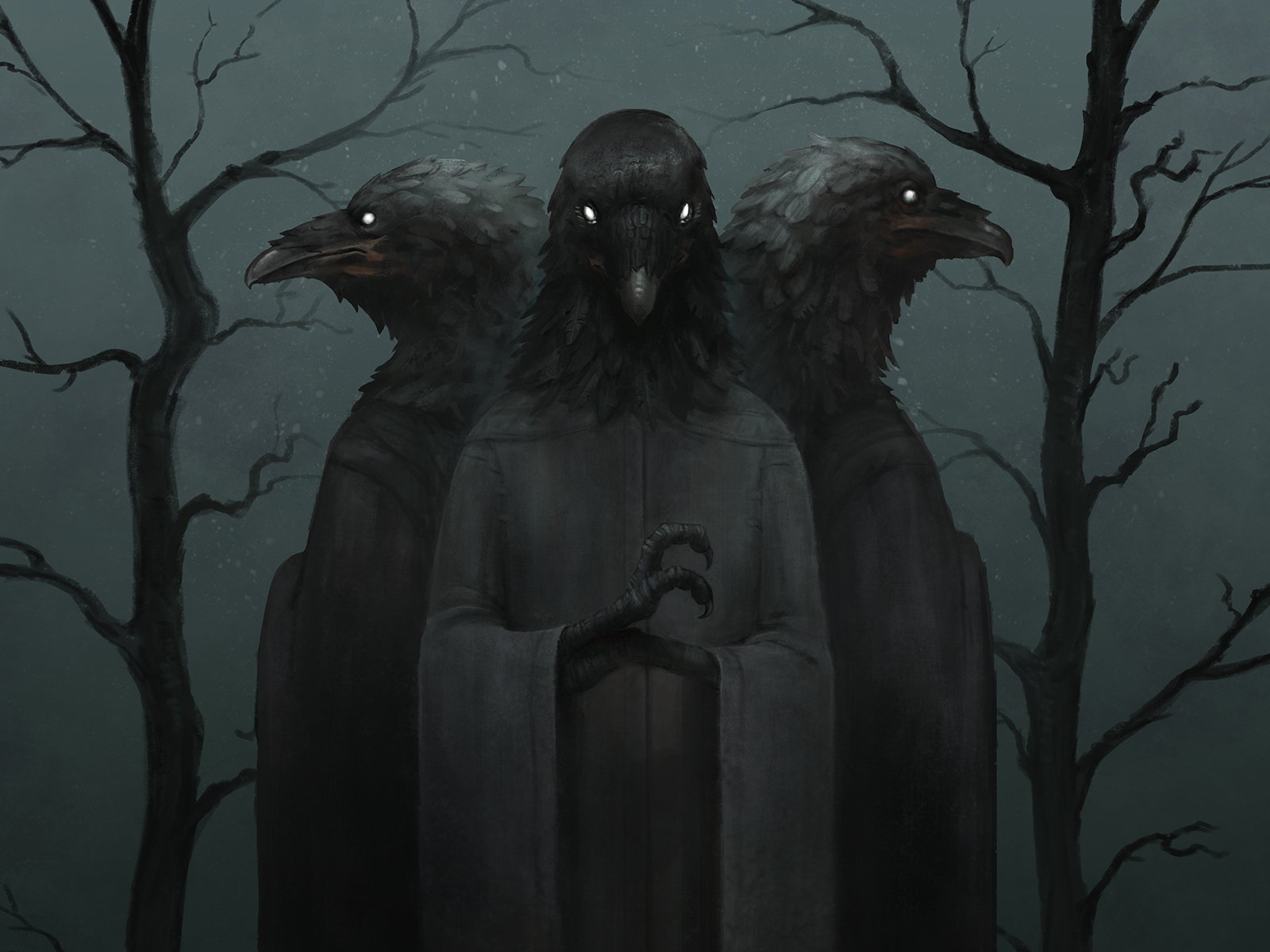 three tall crow characters in long cloaks framed by two crooked trunks