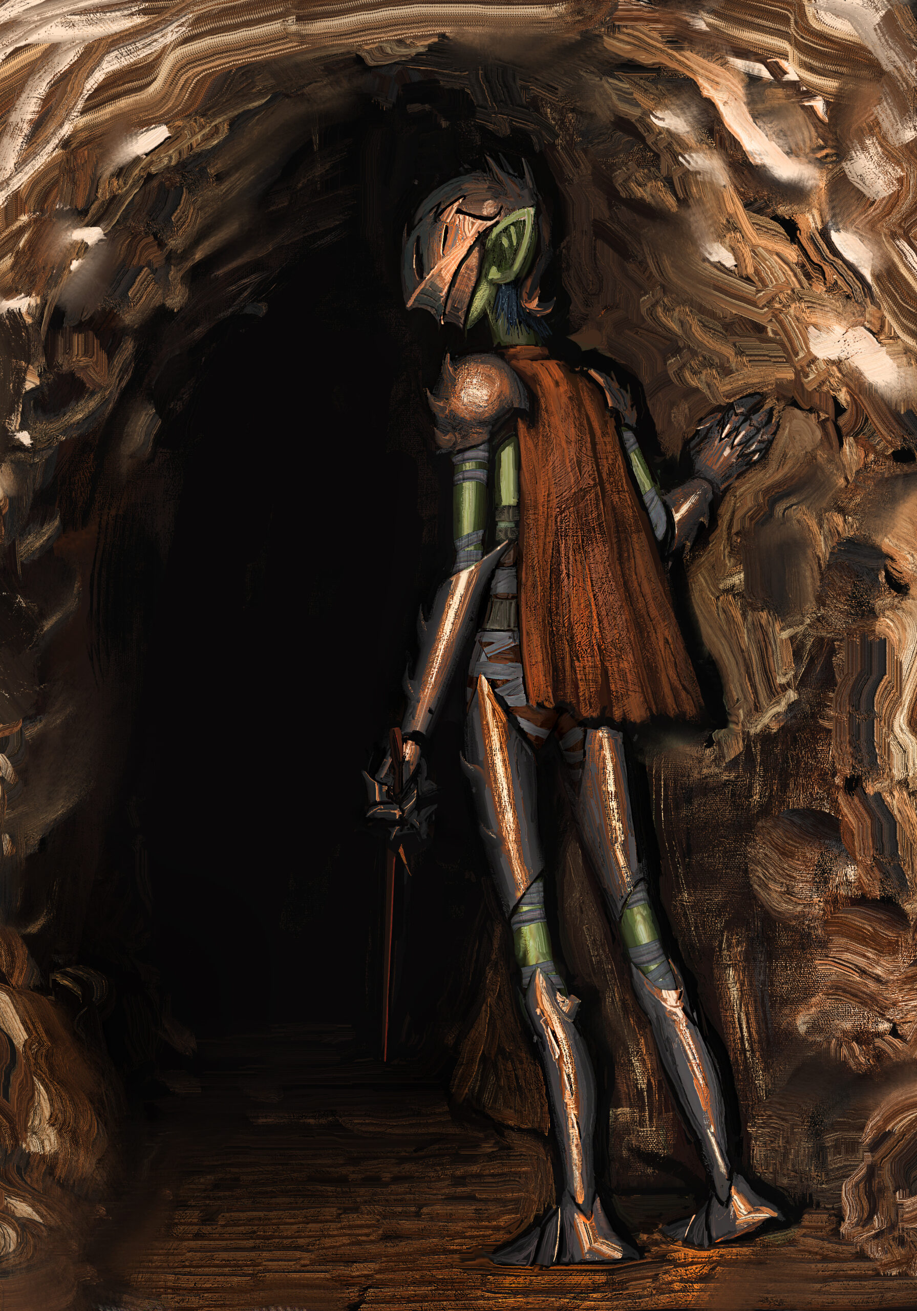 goblin knight framed by cave