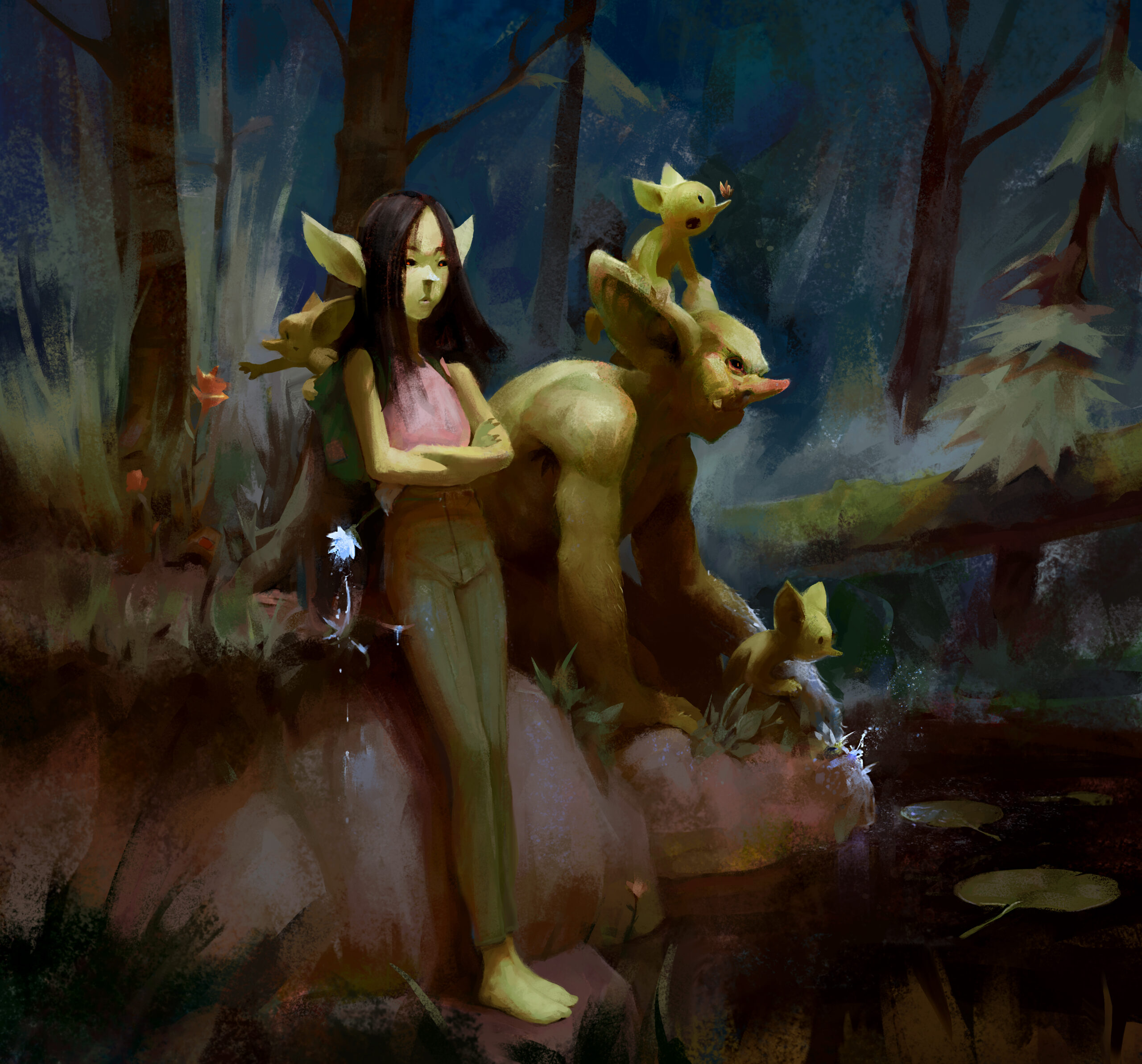 digital painting of goblin family with female goblin muscled male goblin and two goblin children