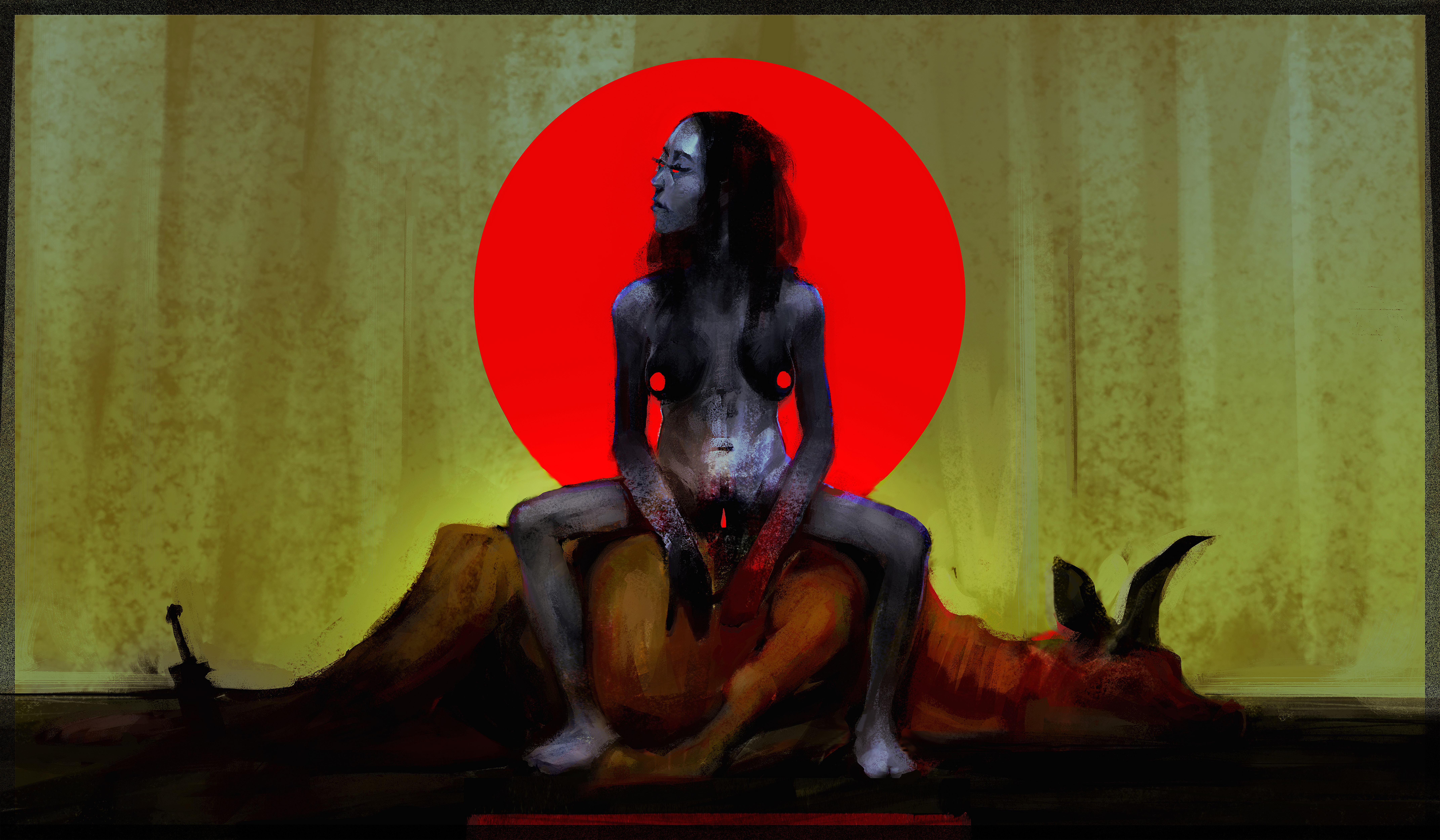 naked asian woman sitting on tree stump with red circle framing her body