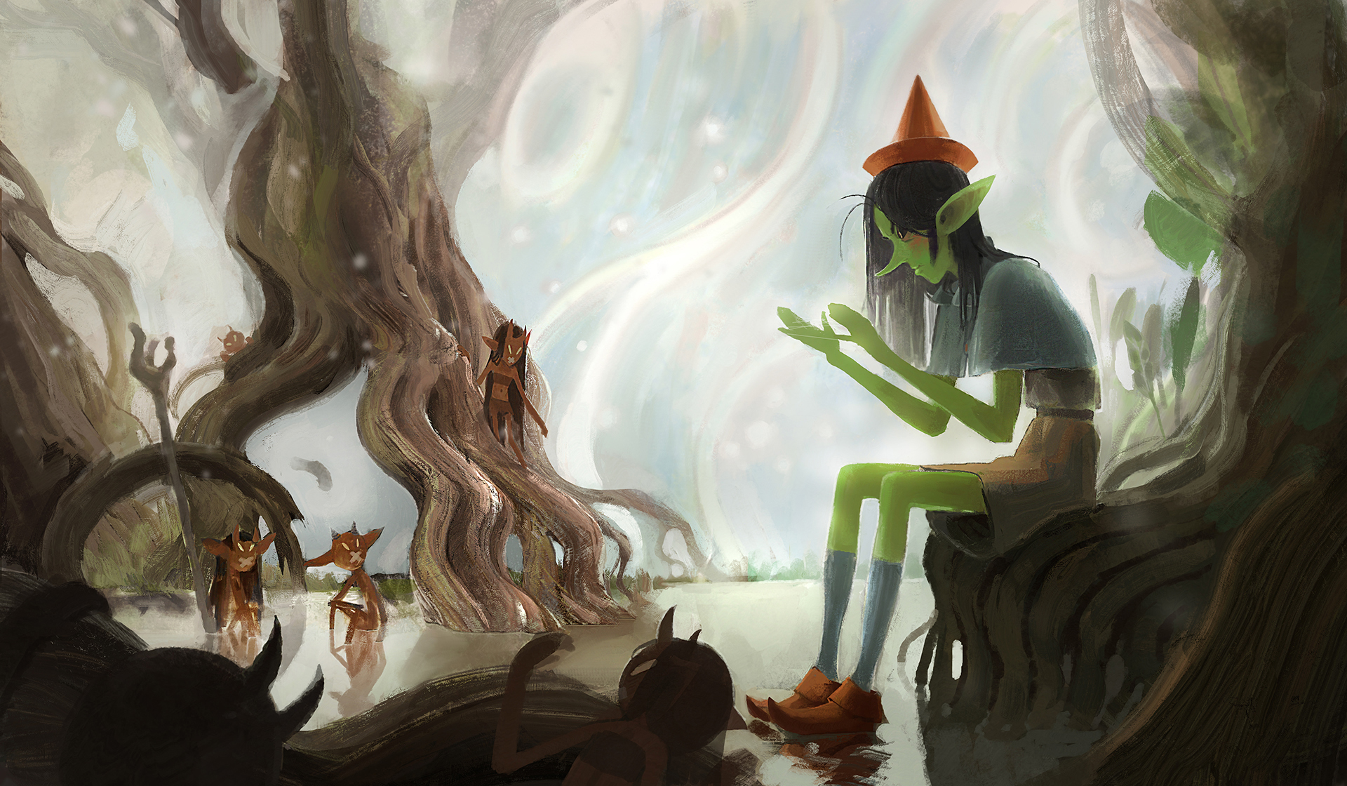 young female goblin with red hat and blue socks is seated on tree stump chair as she looks at the cats cradle in her hands little red imps in background