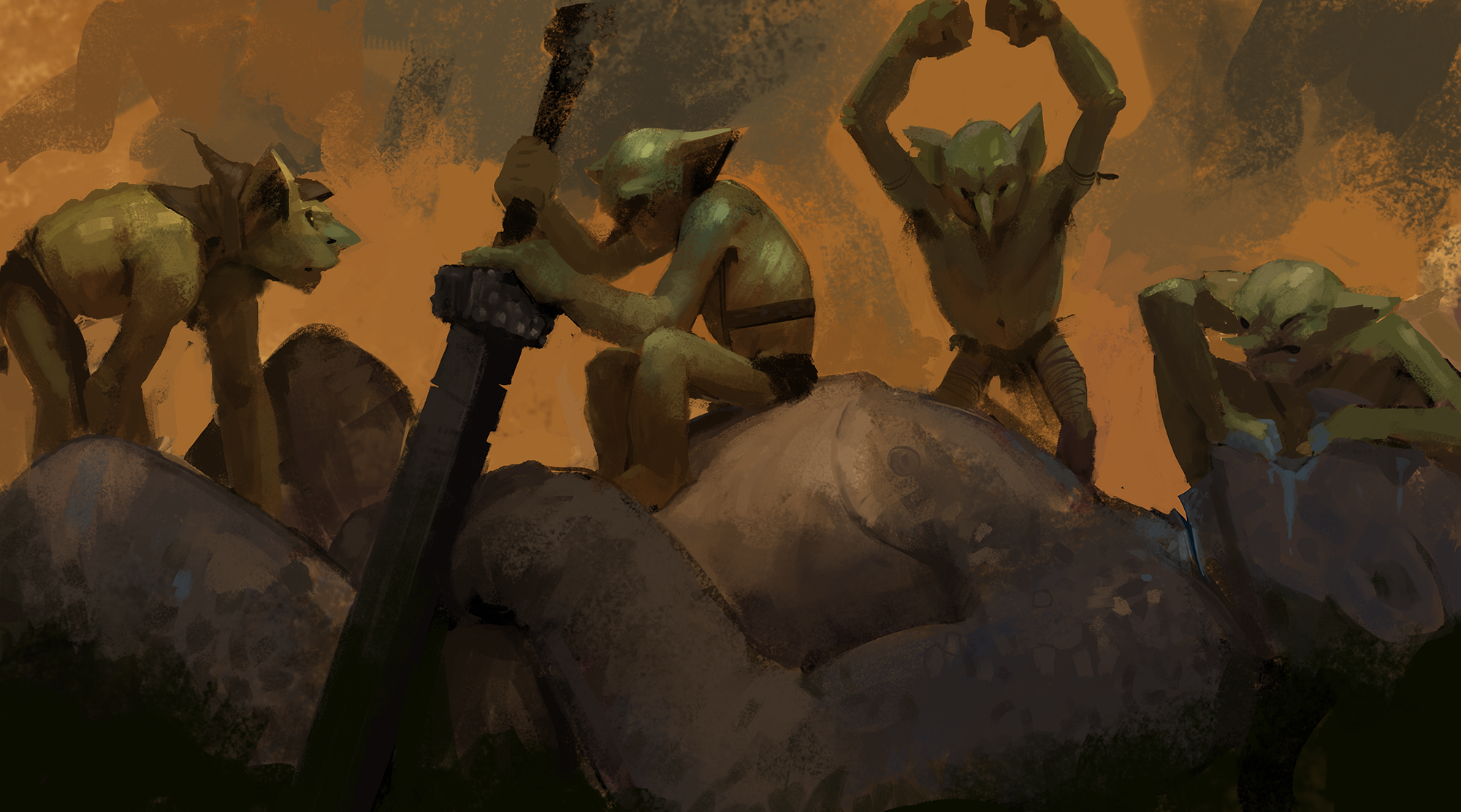 painting of four goblins over fallen troll