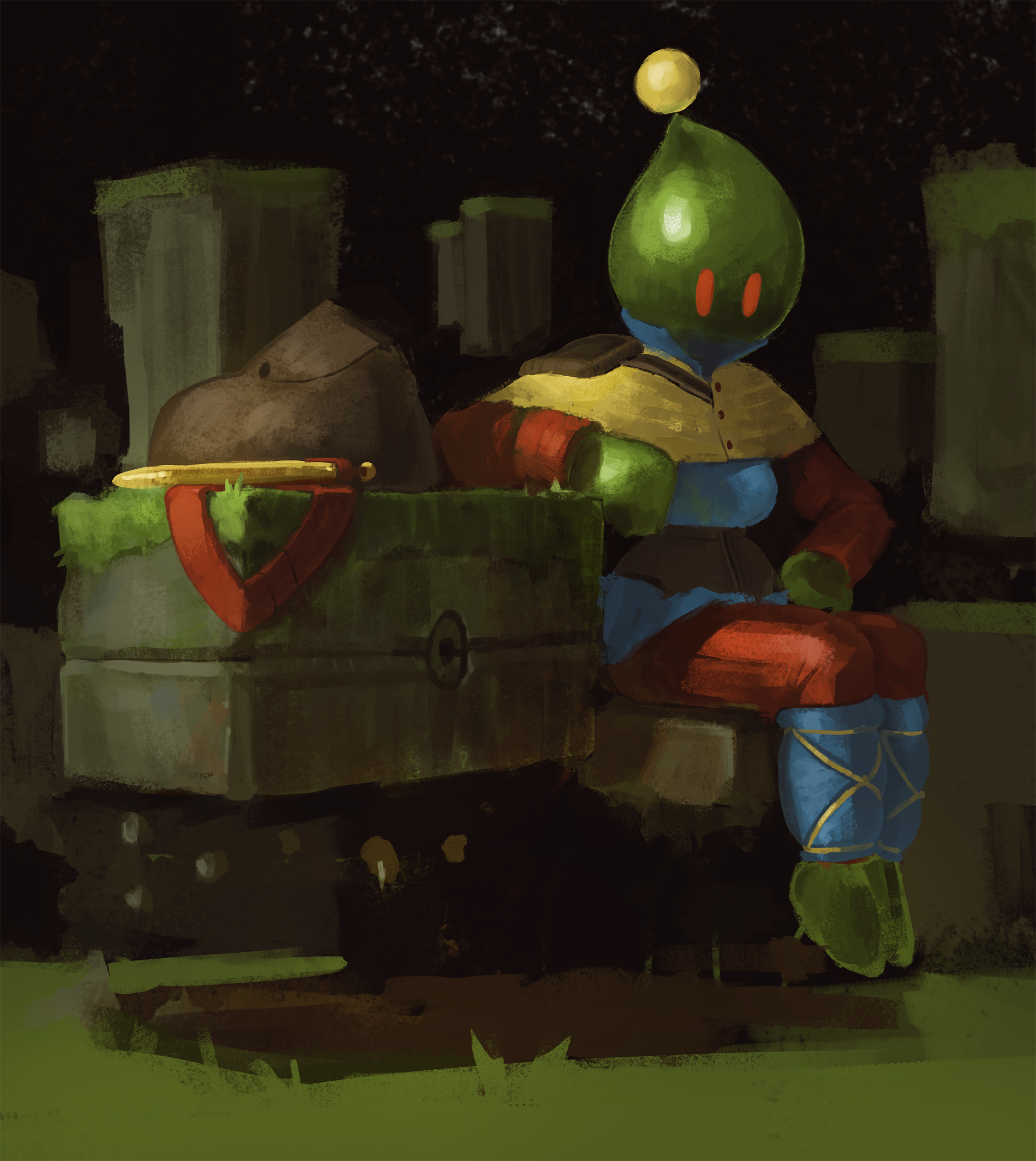 seated green slime character in yellow and blue clothing with floating chest beside