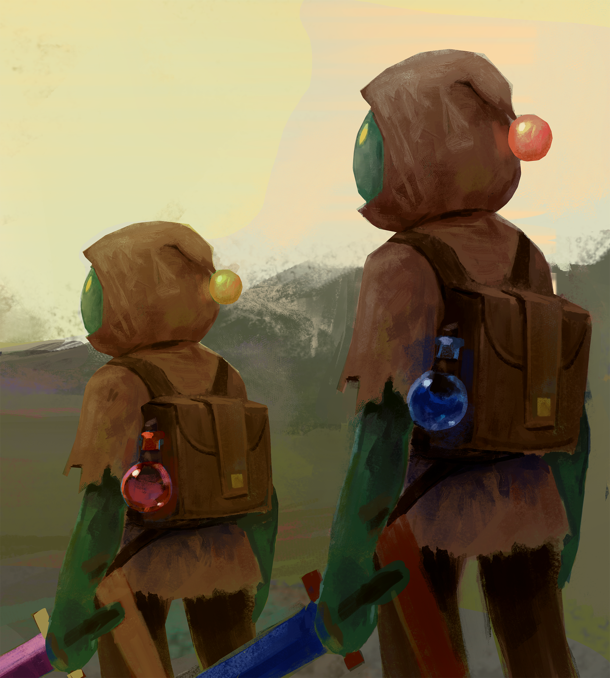 digital painting of two slime adventurers looking to the left each with their own red and blue potion bottles attached to their bags