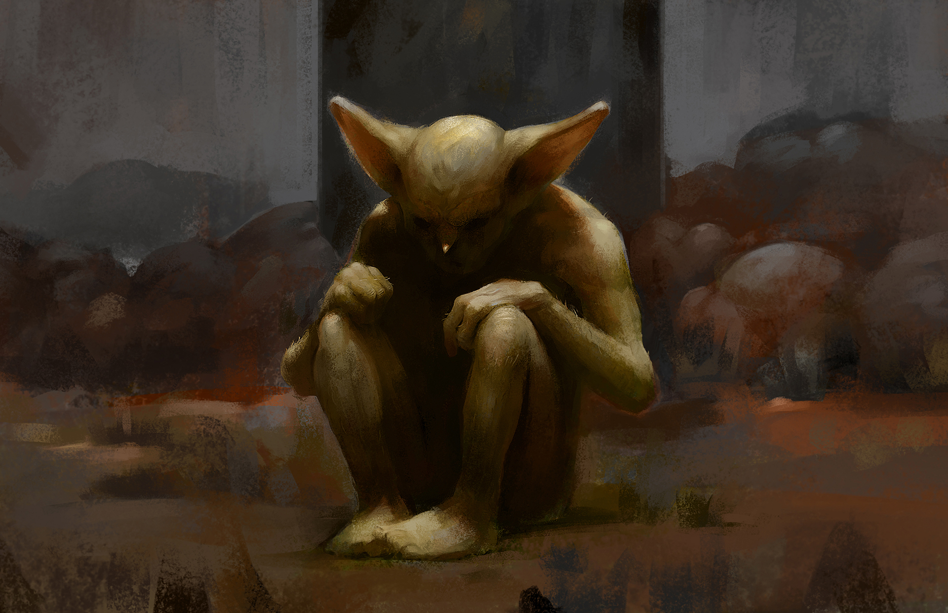 pensive seated goblin character lit from above