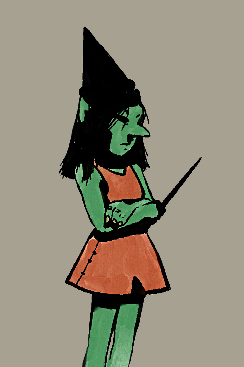 green goblin character with black hat, hair and red dress holding wand