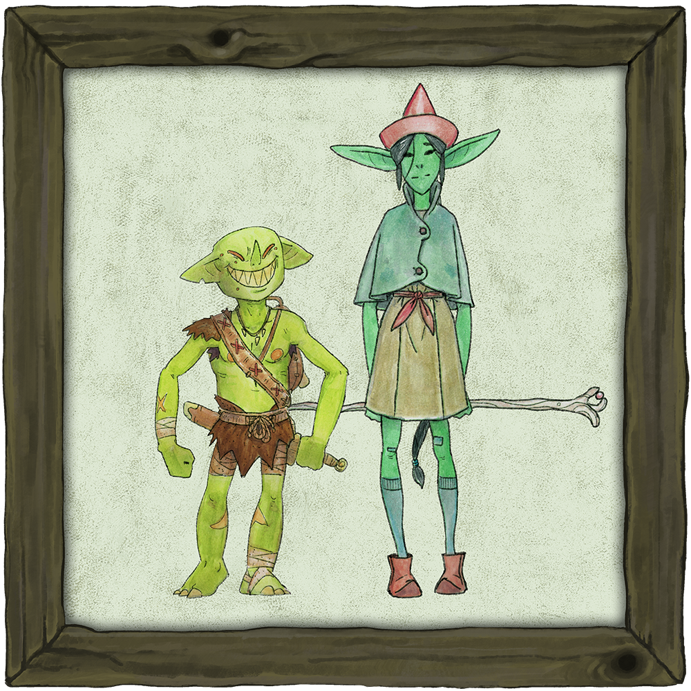 grinning goblin standing beside tall goblin girl with red hat