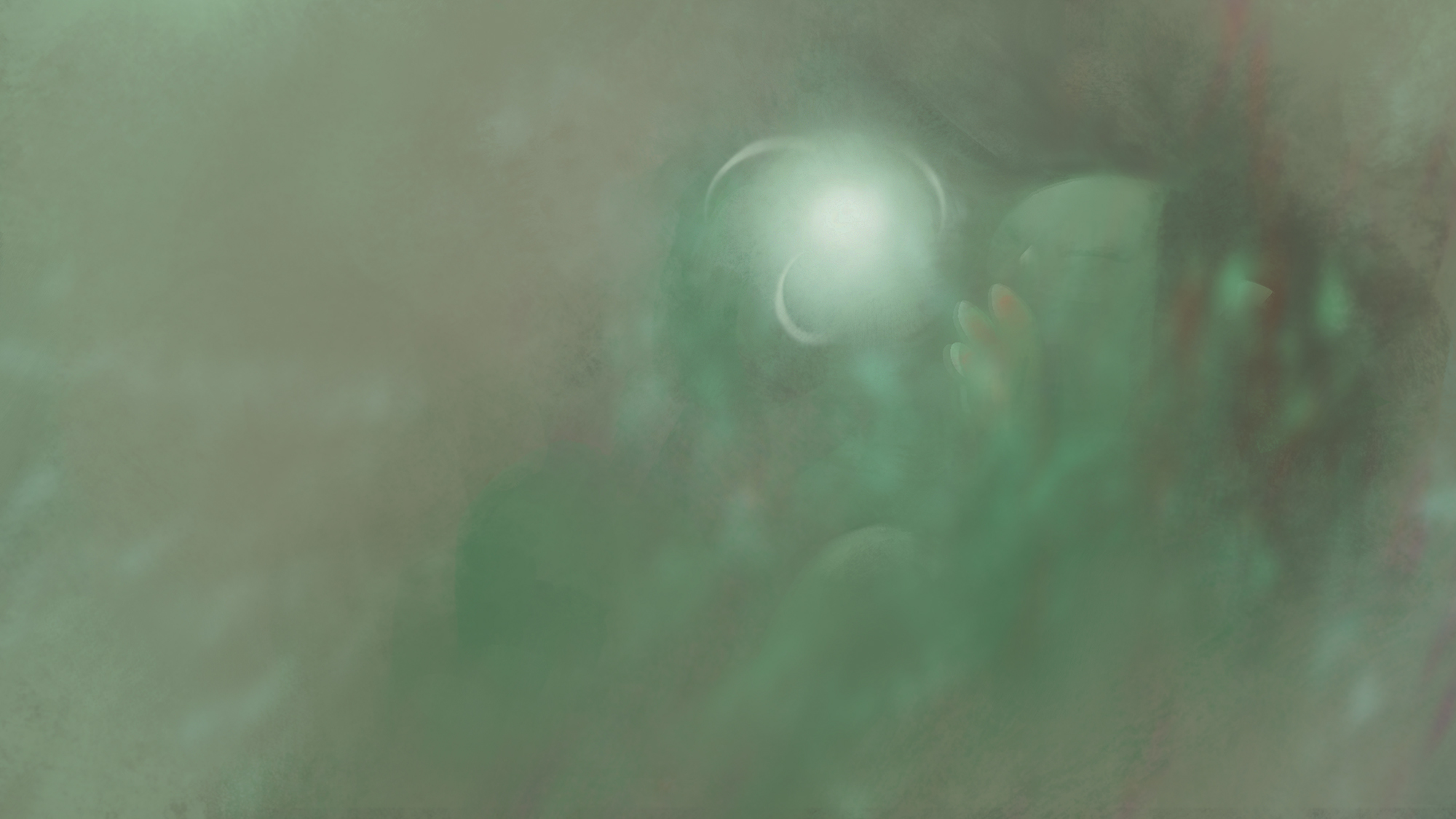 green painting with green baby reaching out to white glowing orb