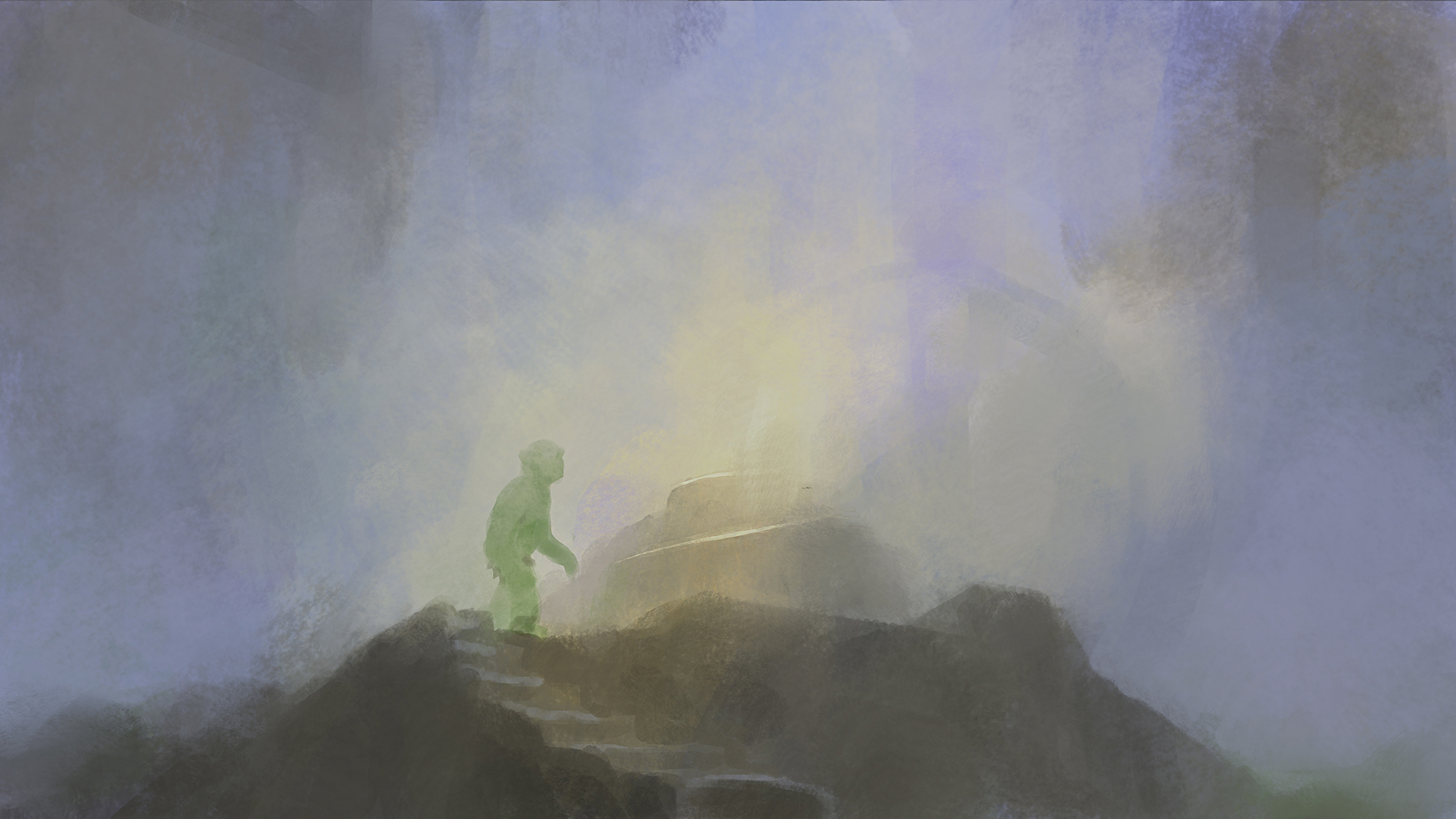 goblin character beside spinning rock sculpture with hazy smoke blue sky