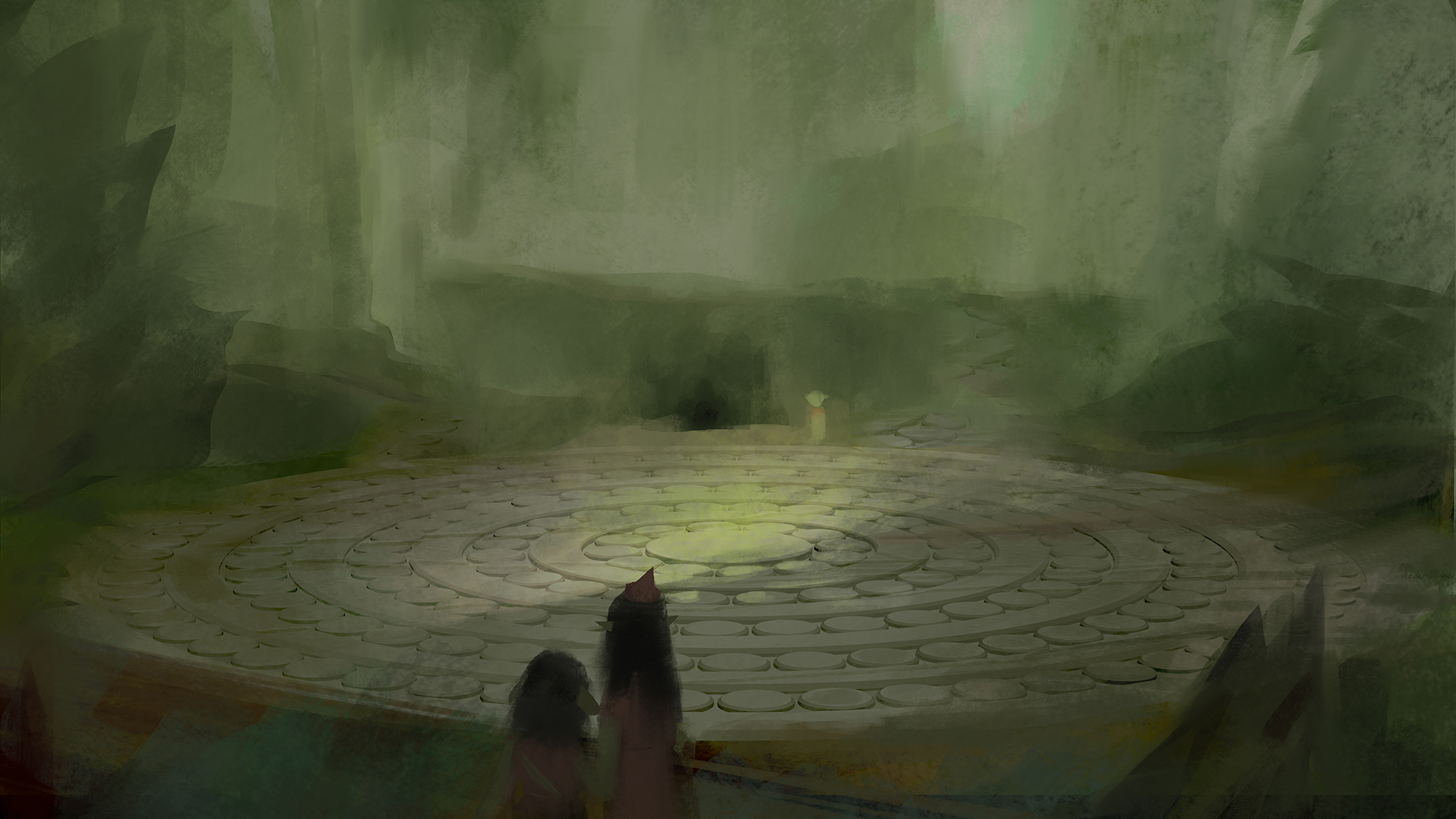 two characters look across a round dial on the ground towards a small goblin across from them