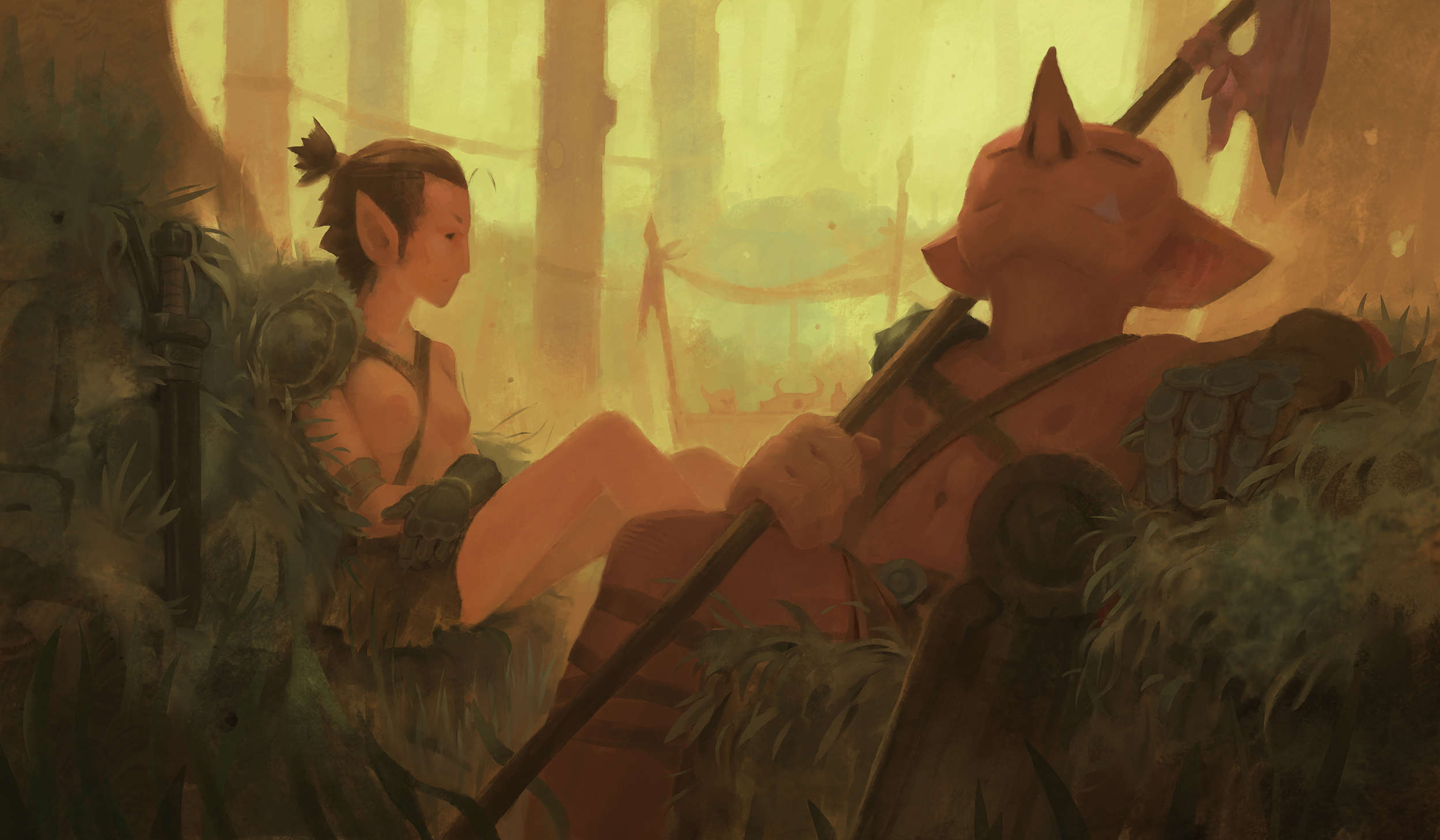 seated topless female character beside a goblin with head tilted back resting