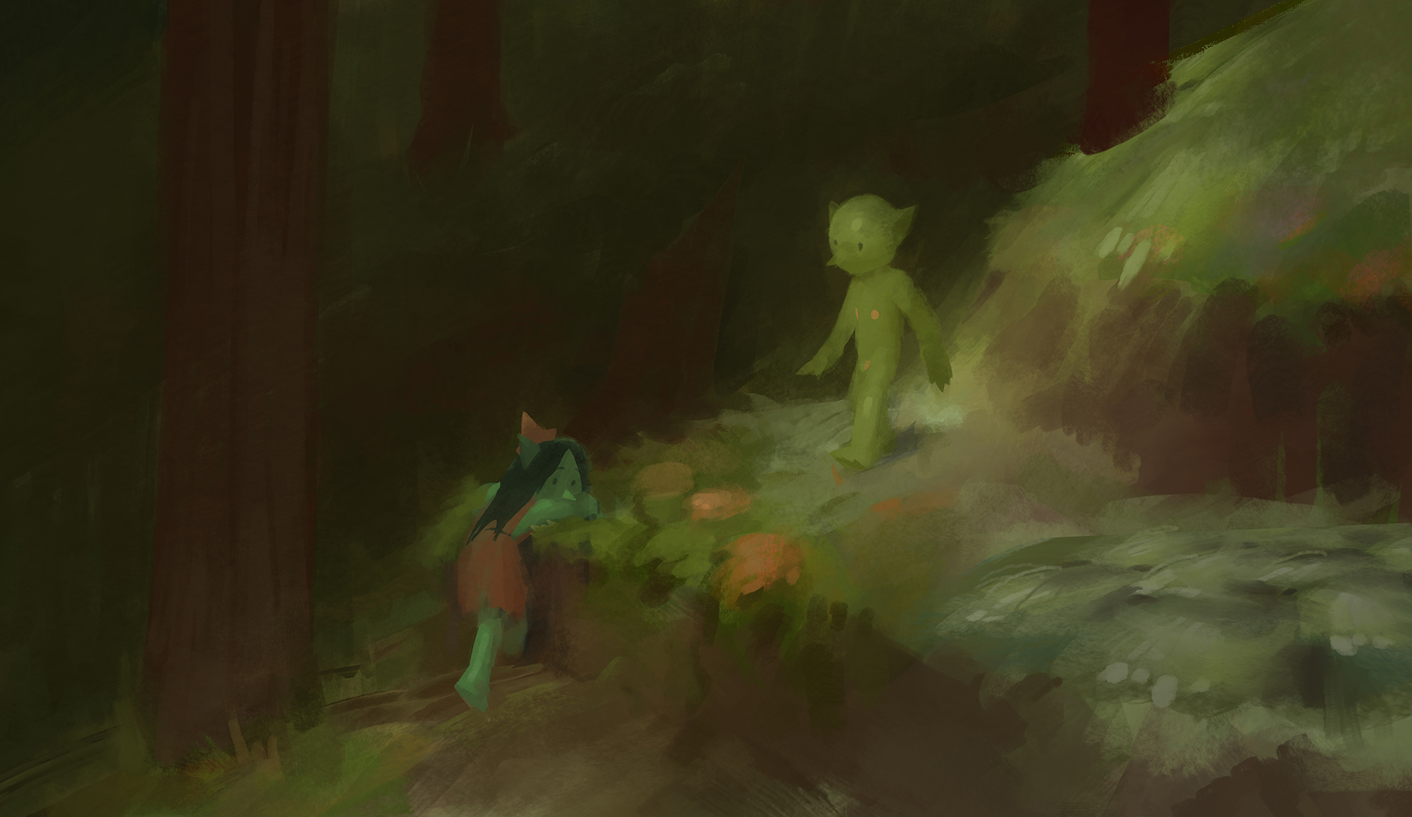 two goblin children explore a soft forest