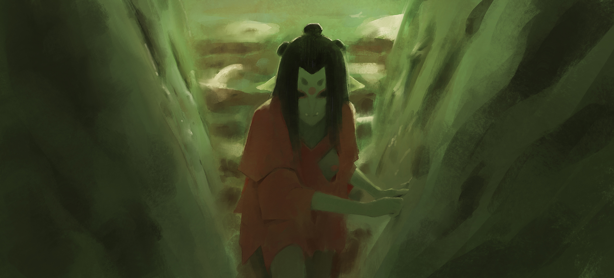 shaman character in orange red clothing and three buns in hair framed left and right by greenery