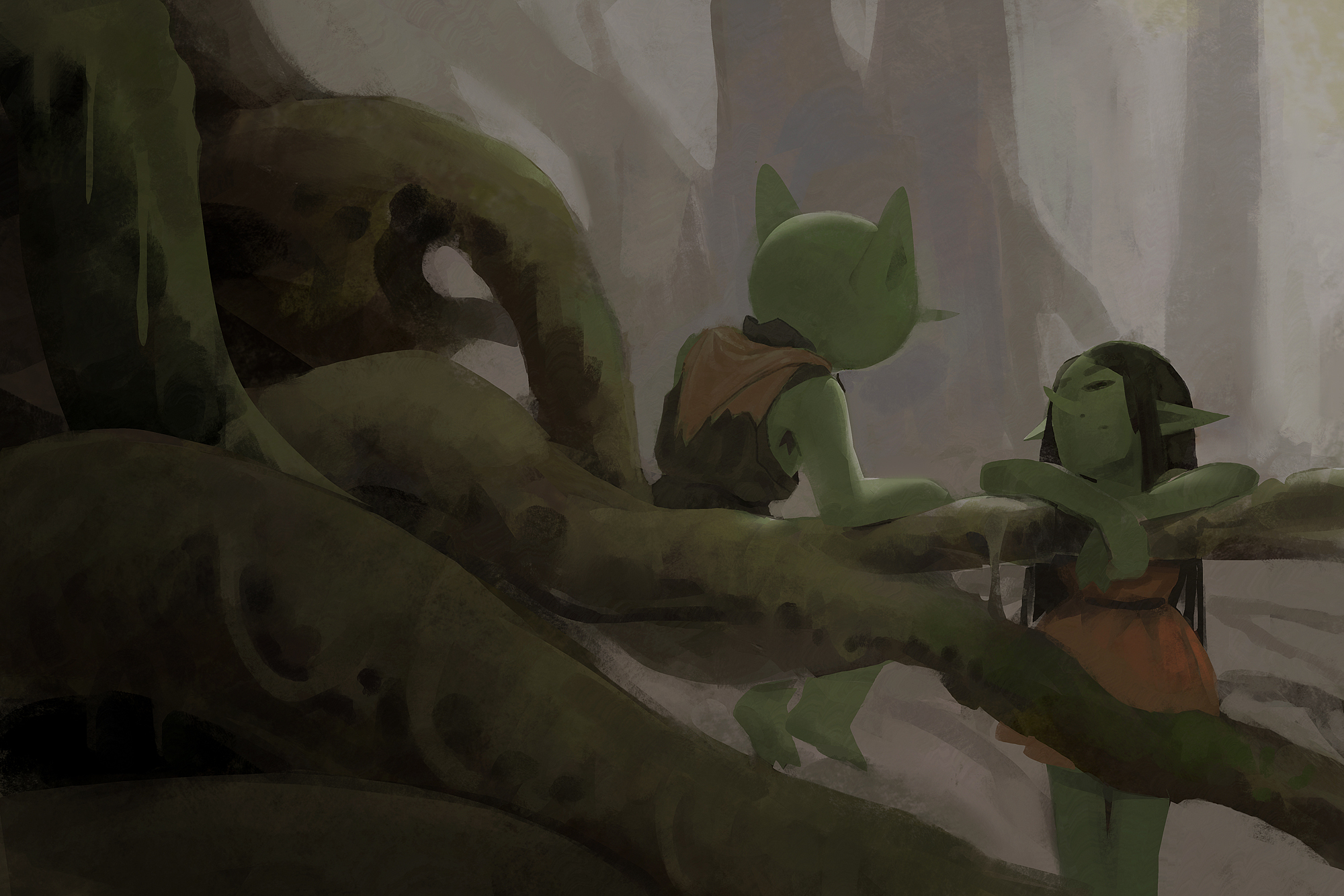 A male and female goblin casually talking on the roots of a large tree