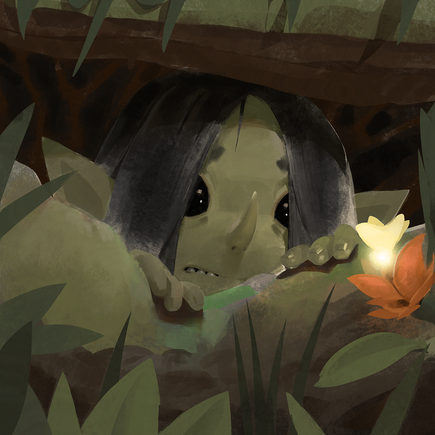 a small girl goblin child hiding behind some brush, looking at a fairy