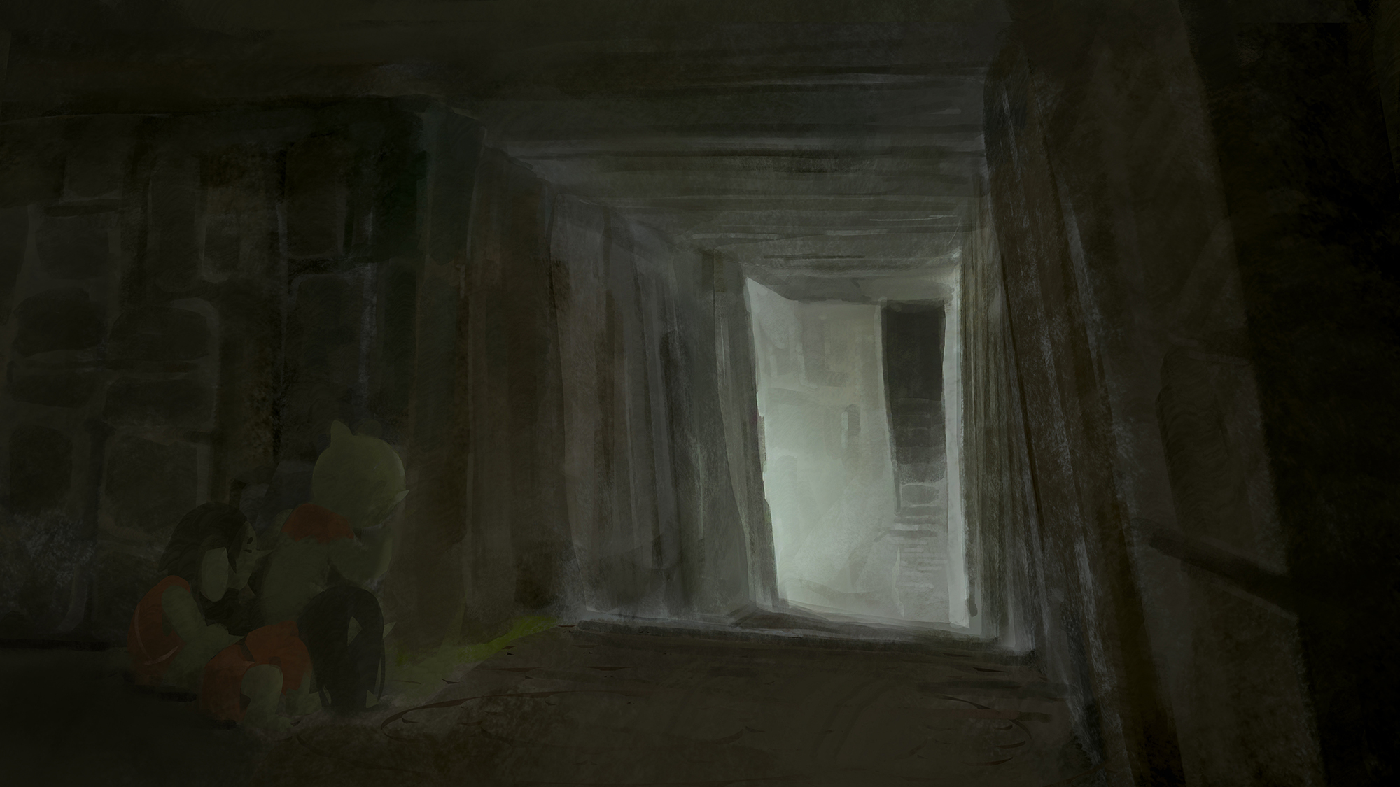 three goblins peering around a corner of a dungeon hallway that leads to a brightly lit room